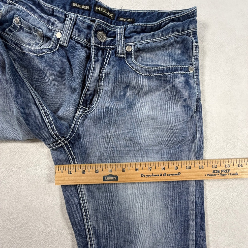 Helix Relaxed Boot Jeans Mens 30x30 Blue Denim Distressed Iron Cross Pockets Y2K - Picture 9 of 15